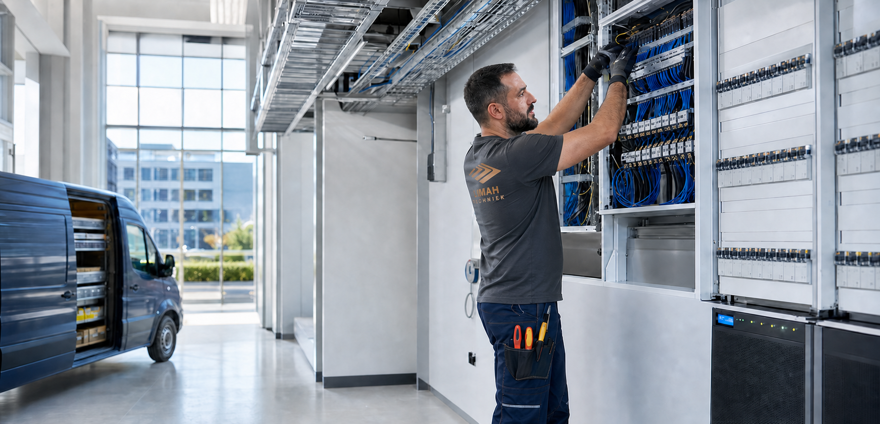 Technician working on electrical and network installation